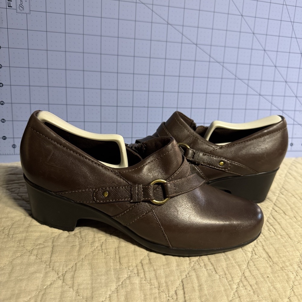 Clarks Women's Genette Arc Clog Size 9W Brown Leather Block Heel Loafer Comfy